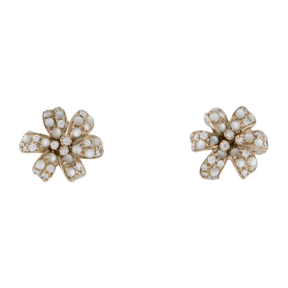 Gucci 18K Gold Pearl Diamond Flora Stud Earrings
